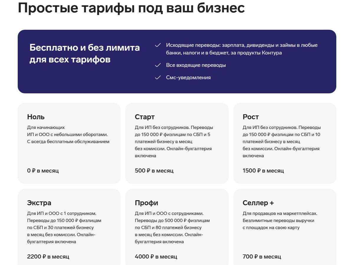 Тарифы расчётного счёта