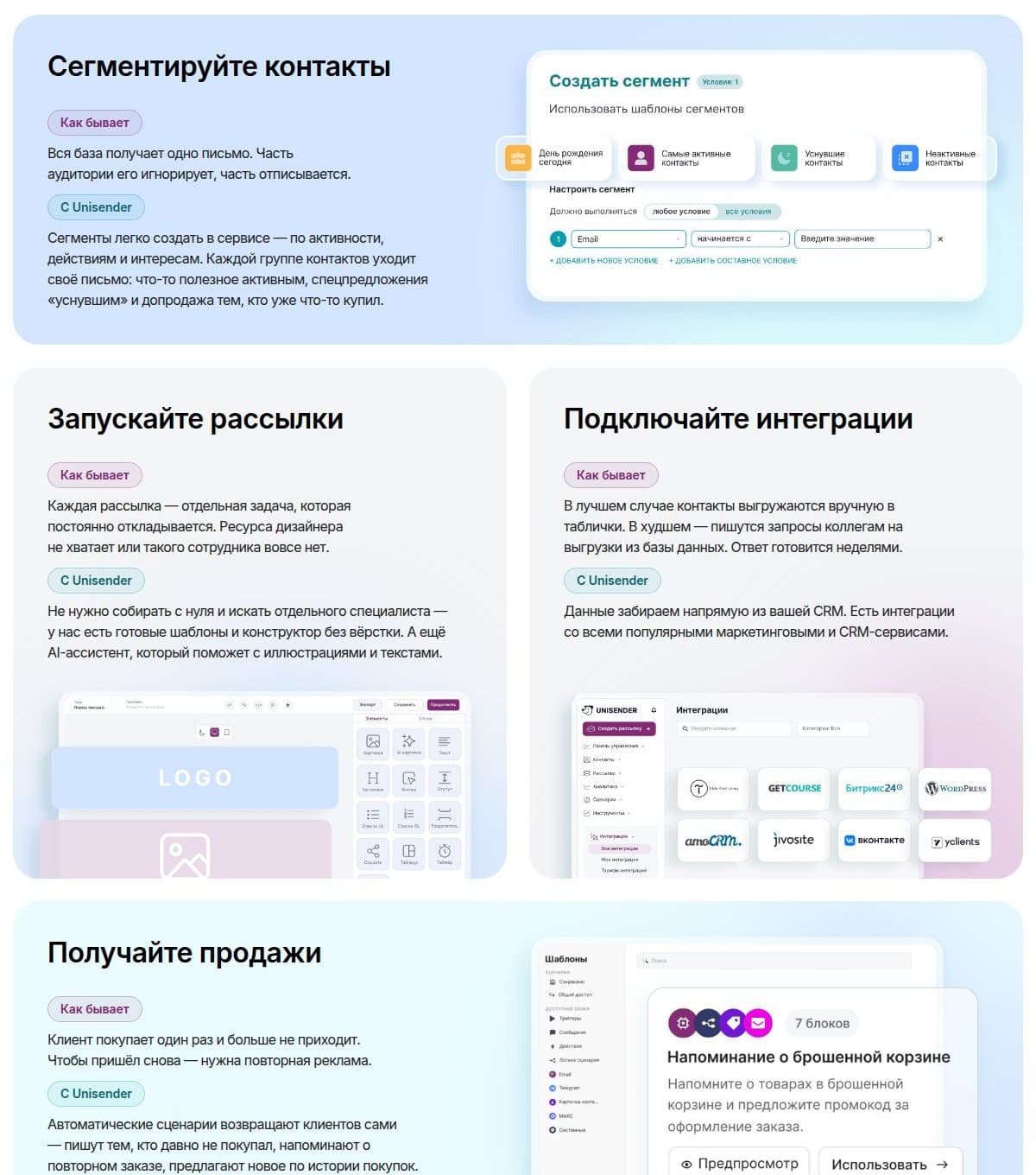 Сегменты, рассылки, интеграции и автоматические письма
